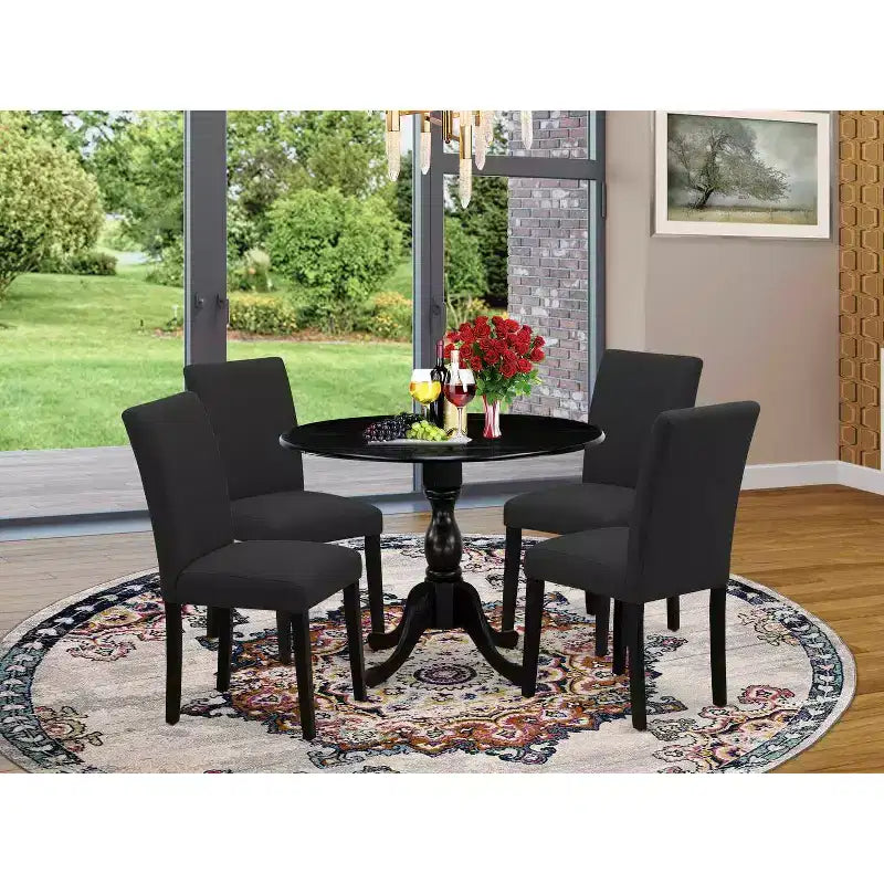 HomeStock Belmont 5 Piece Wood Dining Table Set 1 Drop Leaves Dining Room Table and 4 Black Linen Fabric Dining Chair, Wire Brushed Black Finish