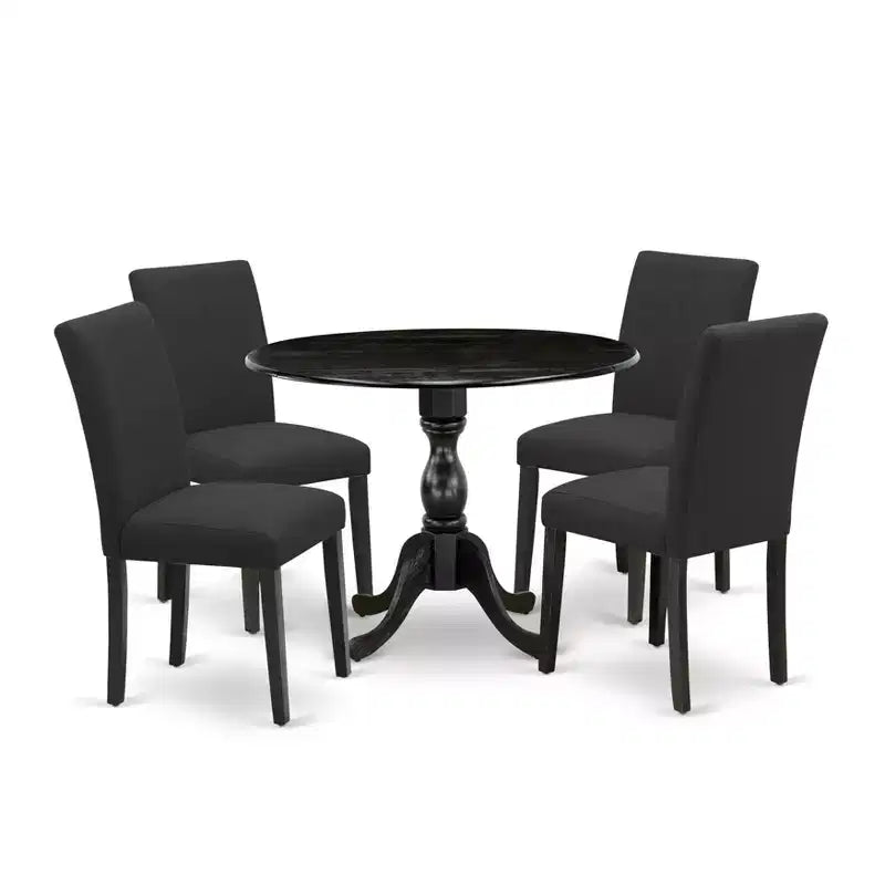 Ensemble de salle à manger en bois HomeStock Belmont 5 pièces 1 table de salle à manger à rallonges et 4 chaises de salle à manger en tissu de lin noir, finition noire brossée
