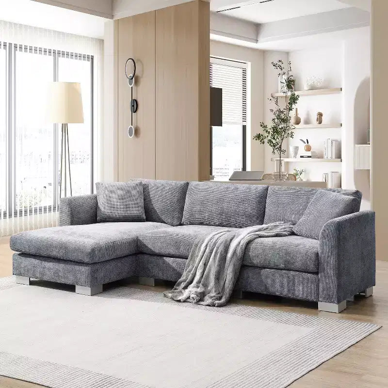 Canapé d'angle moderne en forme de L avec méridienne et coussins offerts, en tissu chenille
