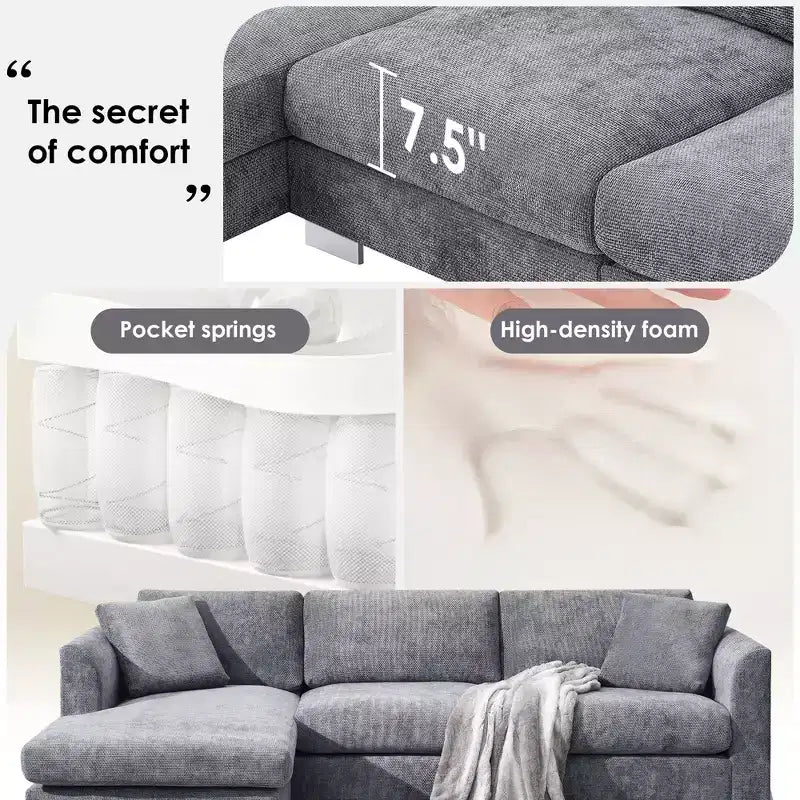 Canapé d'angle moderne en forme de L avec méridienne et coussins offerts, en tissu chenille