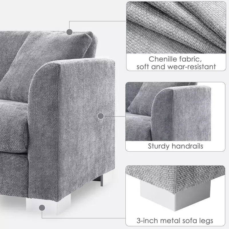 Canapé d'angle moderne en forme de L avec méridienne et coussins offerts, en tissu chenille