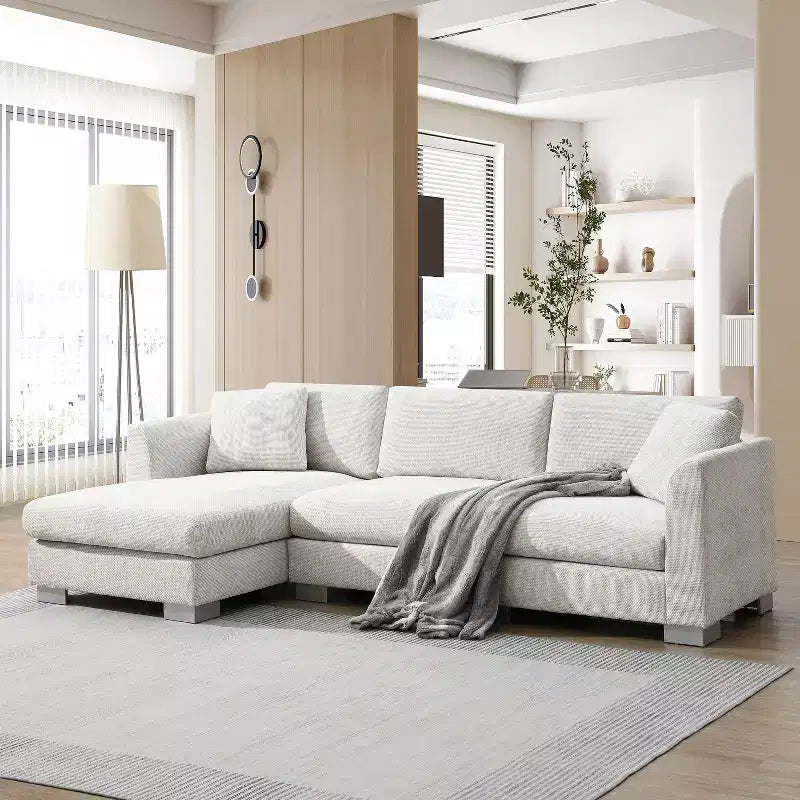 Canapé d'angle moderne en forme de L avec méridienne et coussins offerts, en tissu chenille