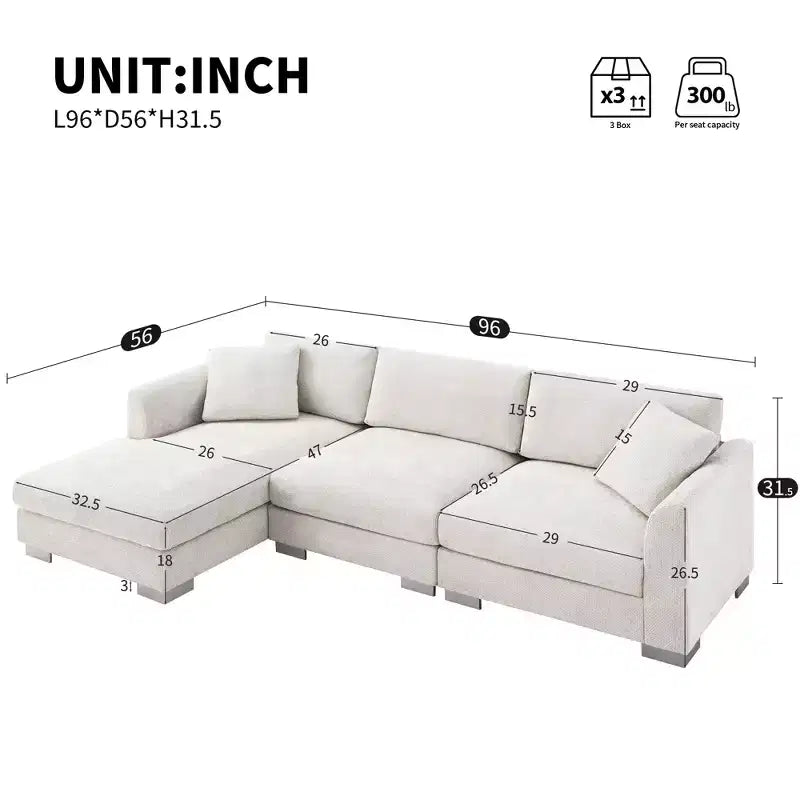 Canapé d'angle moderne en forme de L avec méridienne et coussins offerts, en tissu chenille