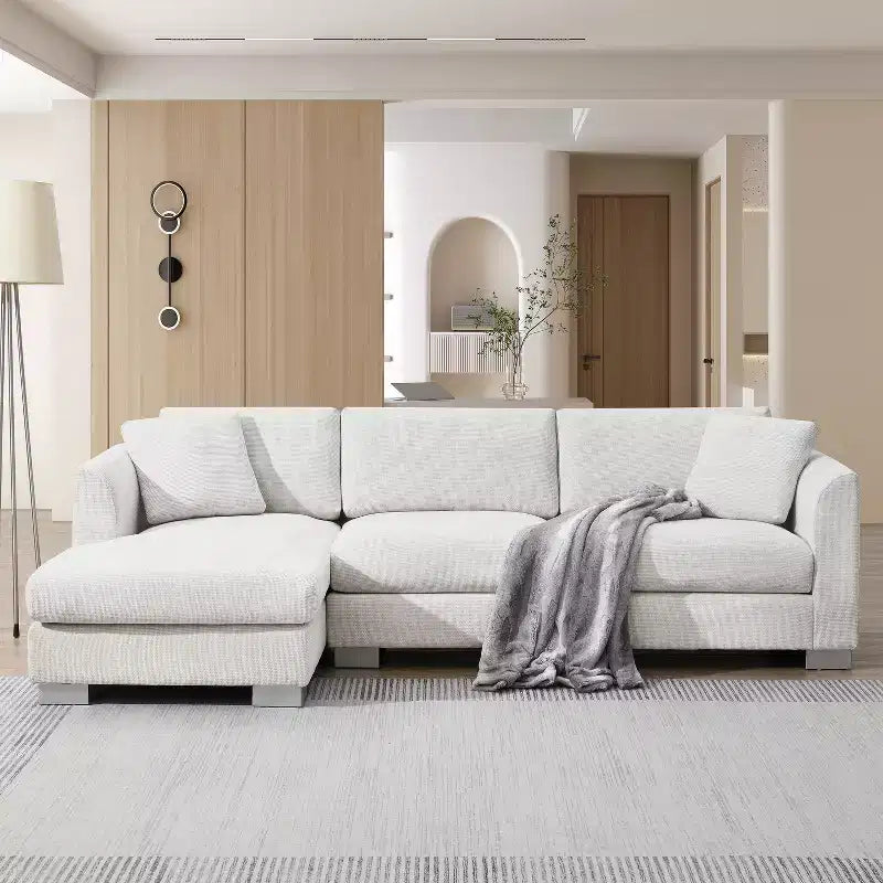 Canapé d'angle moderne en forme de L avec méridienne et coussins offerts, en tissu chenille