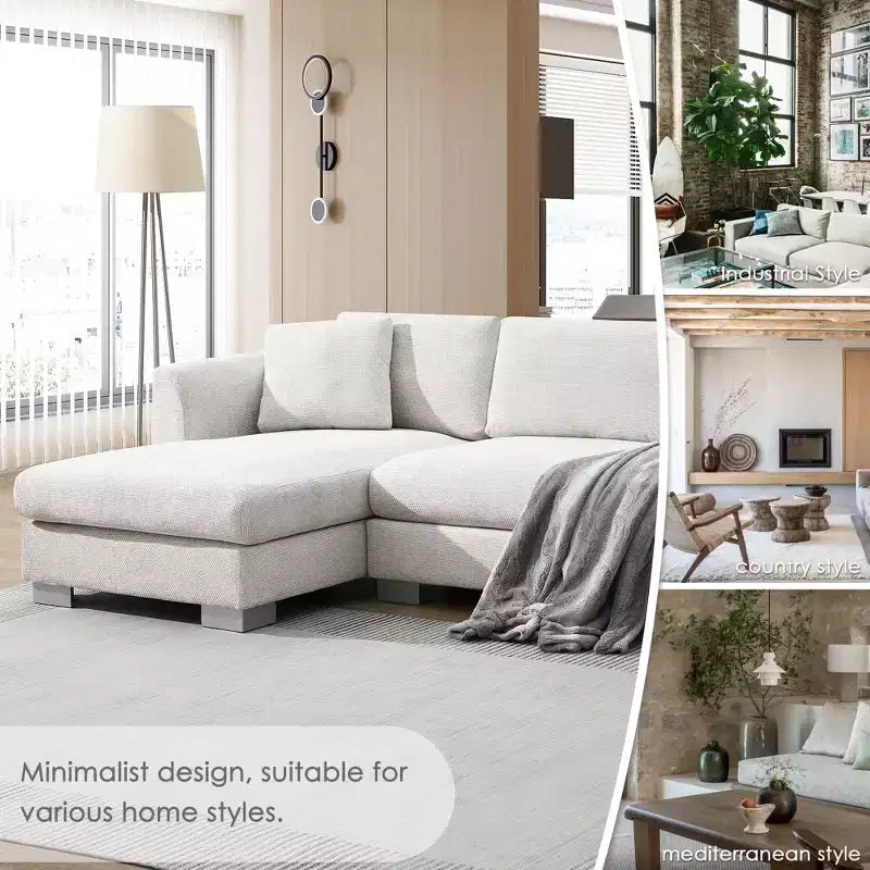 Canapé d'angle moderne en forme de L avec méridienne et coussins offerts, en tissu chenille