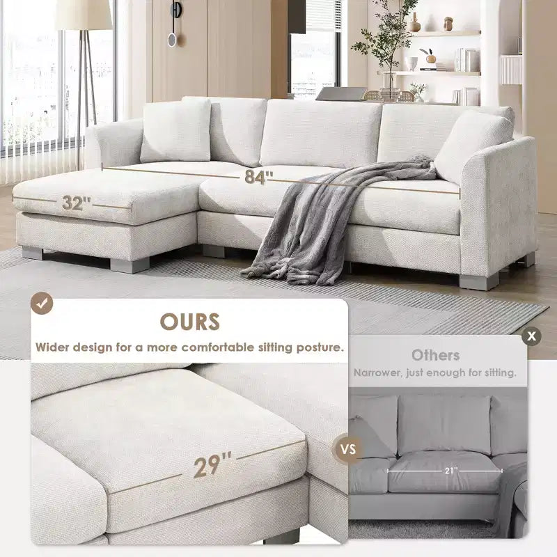 Canapé d'angle moderne en forme de L avec méridienne et coussins offerts, en tissu chenille