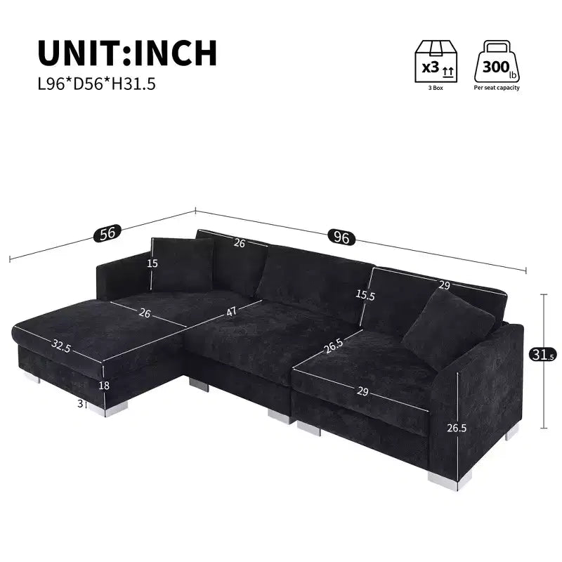 Canapé d'angle moderne en forme de L avec méridienne et coussins offerts, en tissu chenille