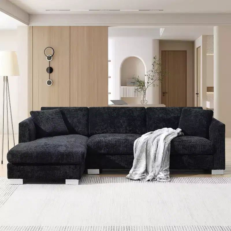 Canapé d'angle moderne en forme de L avec méridienne et coussins offerts, en tissu chenille
