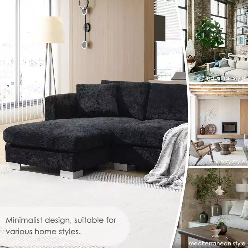 Canapé d'angle moderne en forme de L avec méridienne et coussins offerts, en tissu chenille