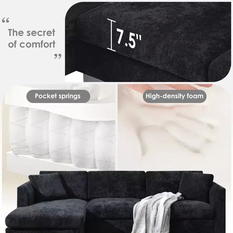 Canapé d'angle moderne en forme de L avec méridienne et coussins offerts, en tissu chenille