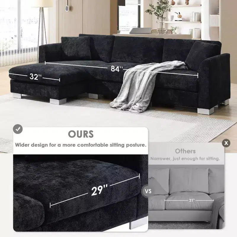 Canapé d'angle moderne en forme de L avec méridienne et coussins offerts, en tissu chenille