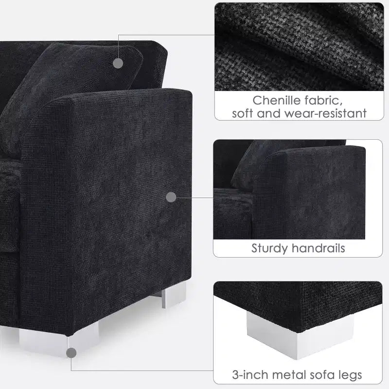 Canapé d'angle moderne en forme de L avec méridienne et coussins offerts, en tissu chenille