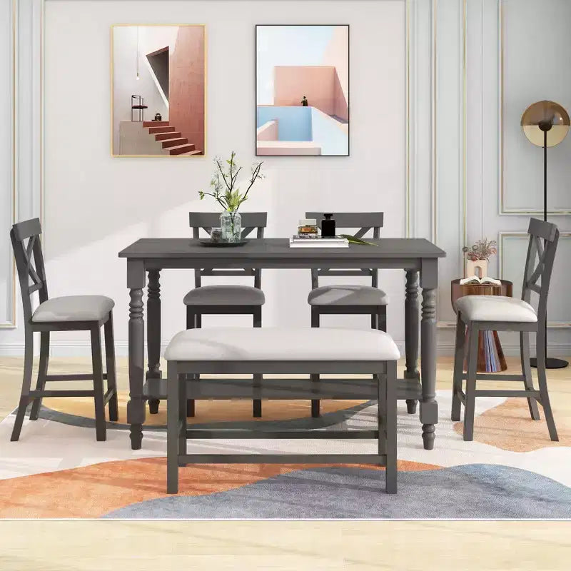 Ensemble de salle à manger hauteur comptoir style ferme pour 6 personnes, table rectangulaire avec étagère, 4 chaises et un banc