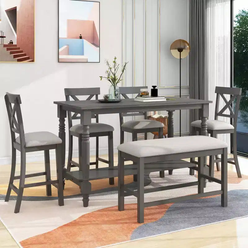 Ensemble de salle à manger hauteur comptoir style ferme pour 6 personnes, table rectangulaire avec étagère, 4 chaises et un banc