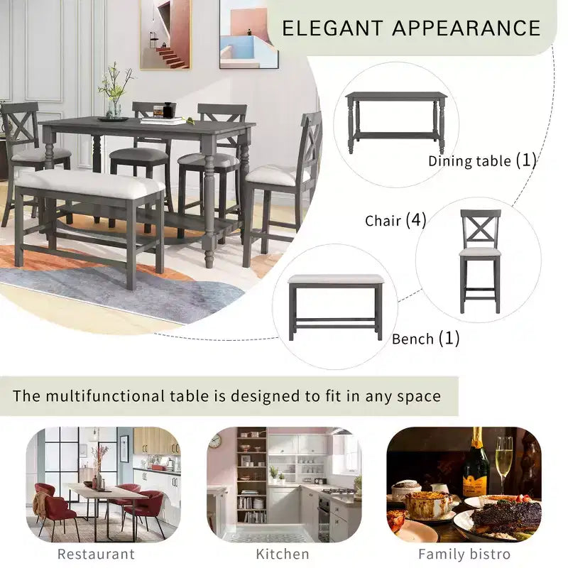 Ensemble de salle à manger hauteur comptoir style ferme pour 6 personnes, table rectangulaire avec étagère, 4 chaises et un banc