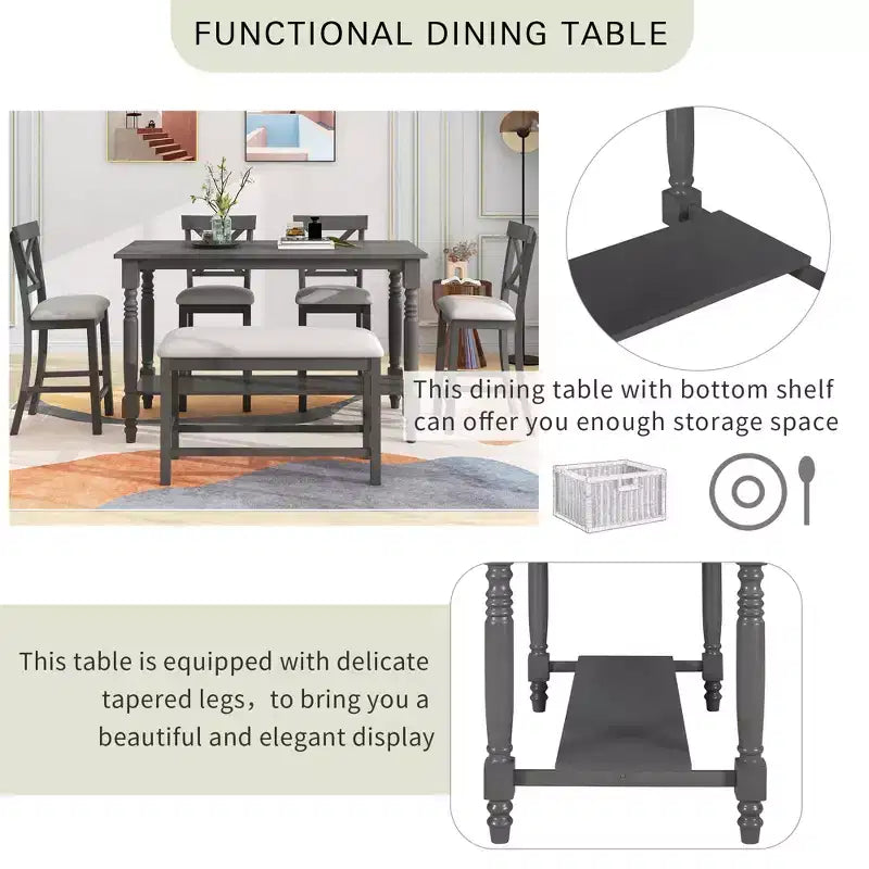Ensemble de salle à manger hauteur comptoir style ferme pour 6 personnes, table rectangulaire avec étagère, 4 chaises et un banc