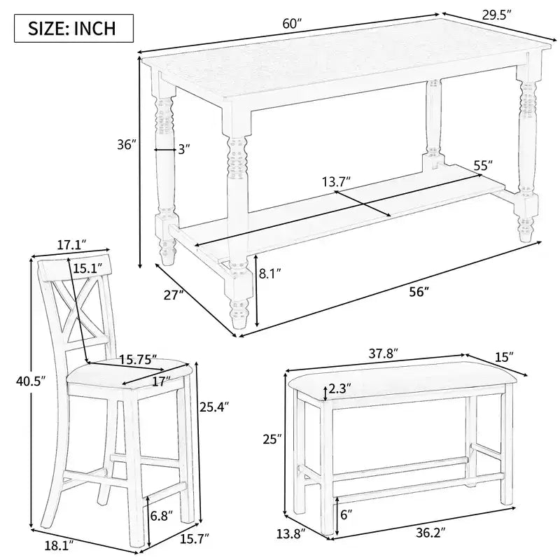 Ensemble de salle à manger hauteur comptoir style ferme pour 6 personnes, table rectangulaire avec étagère, 4 chaises et un banc
