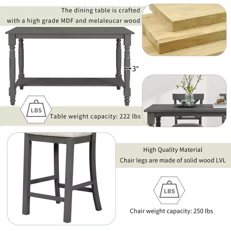 Ensemble de salle à manger hauteur comptoir style ferme pour 6 personnes, table rectangulaire avec étagère, 4 chaises et un banc