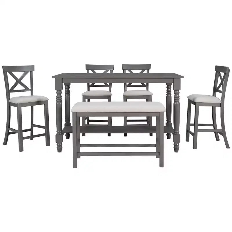 Ensemble de salle à manger hauteur comptoir style ferme pour 6 personnes, table rectangulaire avec étagère, 4 chaises et un banc