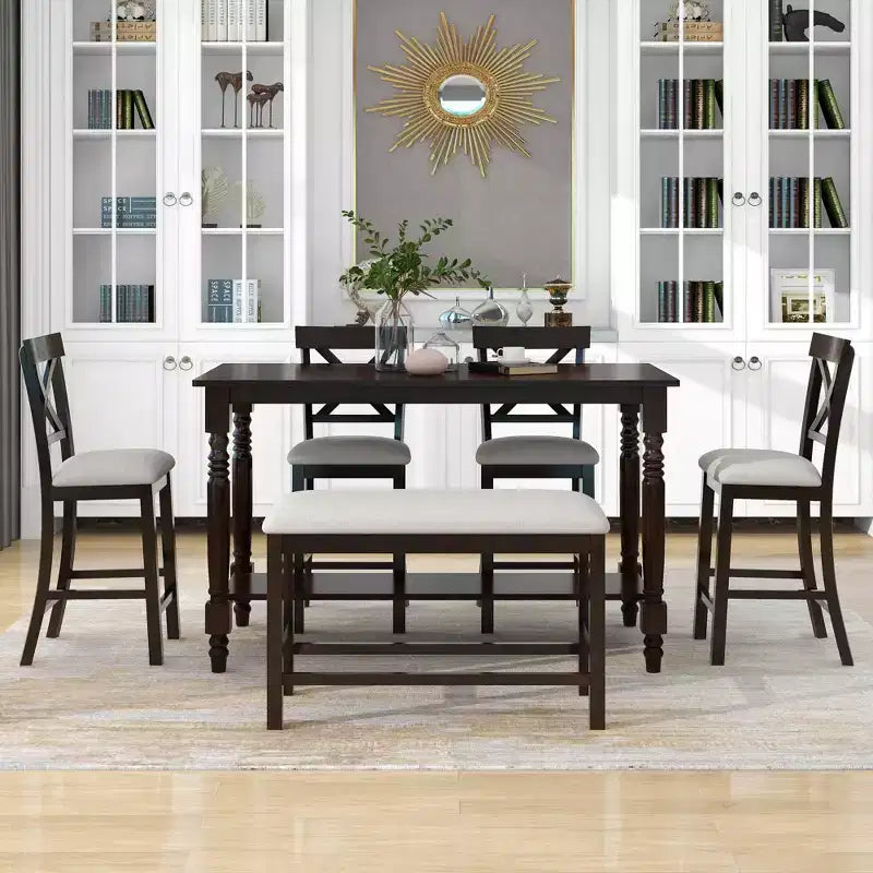 Ensemble de salle à manger hauteur comptoir style ferme pour 6 personnes, table rectangulaire avec étagère, 4 chaises et un banc
