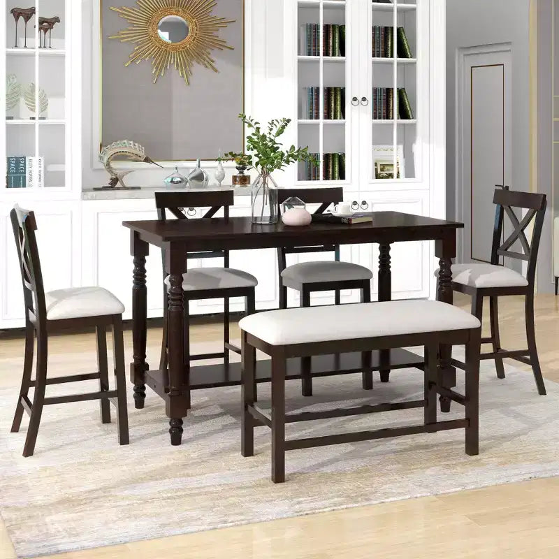 Ensemble de salle à manger hauteur comptoir style ferme pour 6 personnes, table rectangulaire avec étagère, 4 chaises et un banc