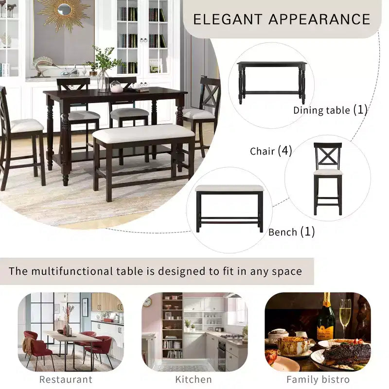 Ensemble de salle à manger hauteur comptoir style ferme pour 6 personnes, table rectangulaire avec étagère, 4 chaises et un banc