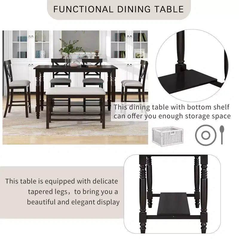 Ensemble de salle à manger hauteur comptoir style ferme pour 6 personnes, table rectangulaire avec étagère, 4 chaises et un banc