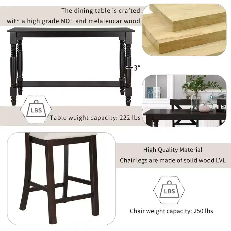 Ensemble de salle à manger hauteur comptoir style ferme pour 6 personnes, table rectangulaire avec étagère, 4 chaises et un banc