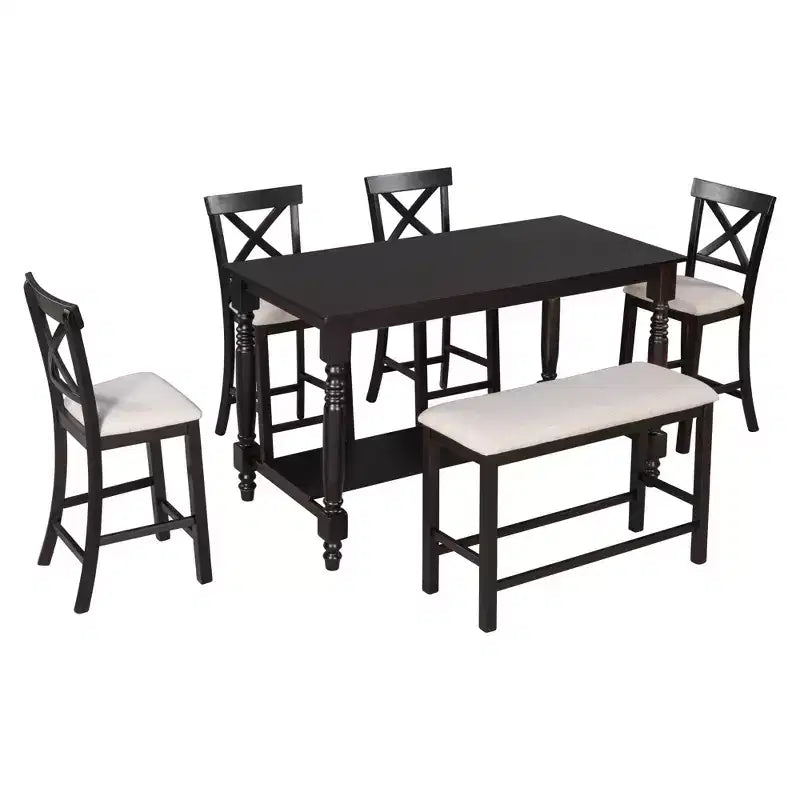 Ensemble de salle à manger hauteur comptoir style ferme pour 6 personnes, table rectangulaire avec étagère, 4 chaises et un banc