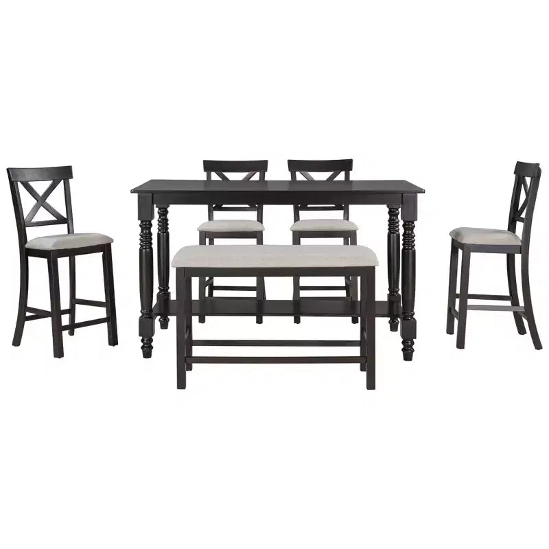 Ensemble de salle à manger hauteur comptoir style ferme pour 6 personnes, table rectangulaire avec étagère, 4 chaises et un banc