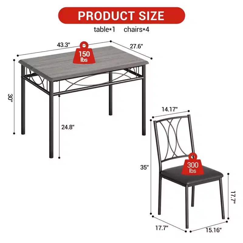 Ensemble de salle à manger moderne 5 pièces, table pour petits espaces et 4 chaises, structure en métal, rétro/gris
