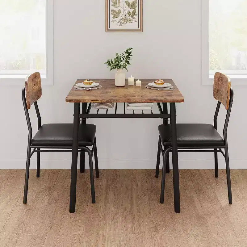 Table à manger pour 2 avec étagère de rangement et cadre en métal, table carrée avec chaises rembourrées lot de 2, ensemble de salle à manger 3 pièces pour la maison