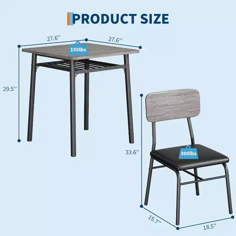 Table à manger pour 2 avec étagère de rangement et cadre en métal, table carrée avec chaises rembourrées lot de 2, ensemble de salle à manger 3 pièces pour la maison