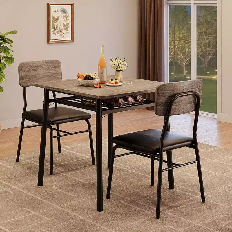 Table à manger pour 2 avec étagère de rangement et cadre en métal, table carrée avec chaises rembourrées lot de 2, ensemble de salle à manger 3 pièces pour la maison