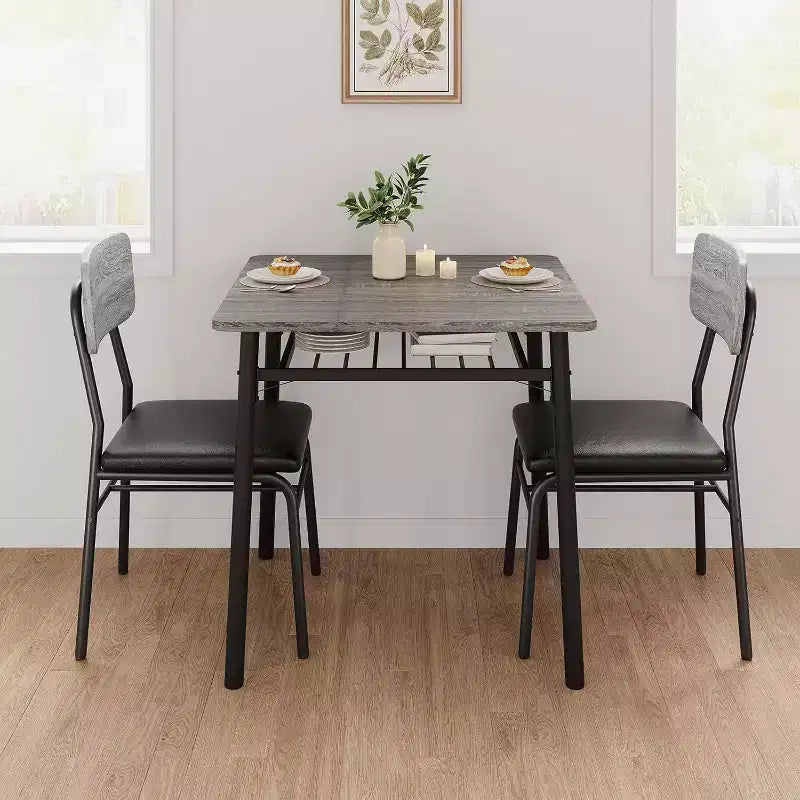 Table à manger pour 2 avec étagère de rangement et cadre en métal, table carrée avec chaises rembourrées lot de 2, ensemble de salle à manger 3 pièces pour la maison