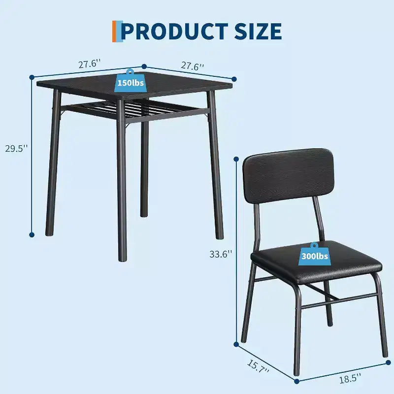 Table à manger pour 2 avec étagère de rangement et cadre en métal, table carrée avec chaises rembourrées lot de 2, ensemble de salle à manger 3 pièces pour la maison