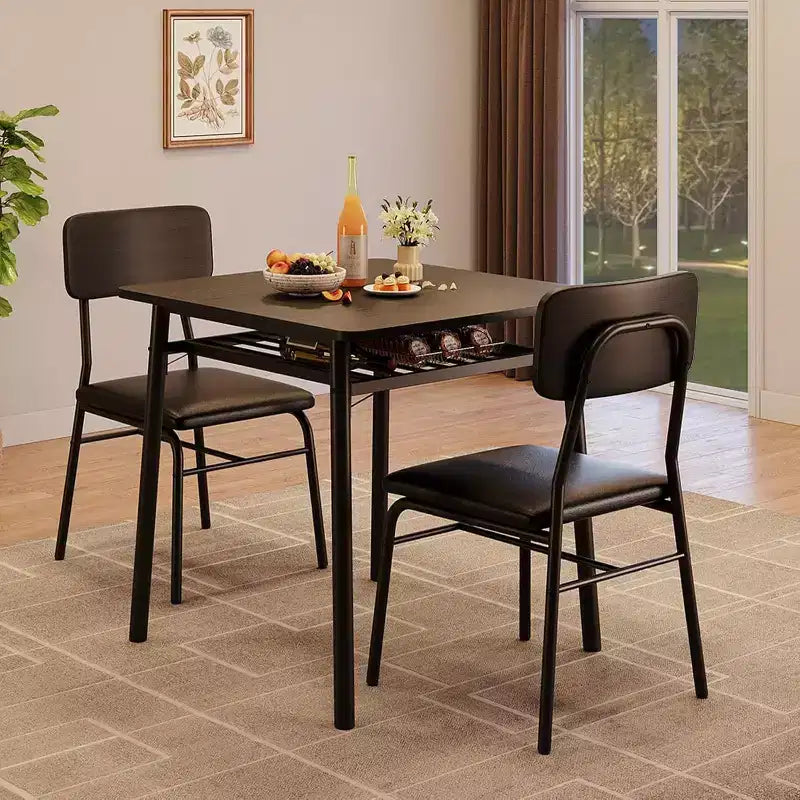 Table à manger pour 2 avec étagère de rangement et cadre en métal, table carrée avec chaises rembourrées lot de 2, ensemble de salle à manger 3 pièces pour la maison