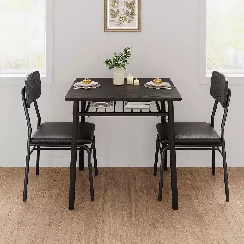 Table à manger pour 2 avec étagère de rangement et cadre en métal, table carrée avec chaises rembourrées lot de 2, ensemble de salle à manger 3 pièces pour la maison