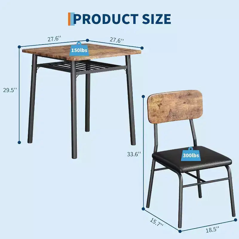 Table à manger pour 2 avec étagère de rangement et cadre en métal, table carrée avec chaises rembourrées lot de 2, ensemble de salle à manger 3 pièces pour la maison