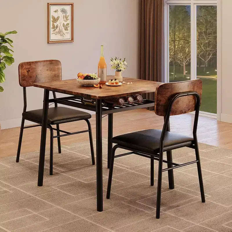 Table à manger pour 2 avec étagère de rangement et cadre en métal, table carrée avec chaises rembourrées lot de 2, ensemble de salle à manger 3 pièces pour la maison