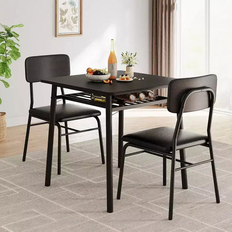 Dining Table for 2 with Storage Rack and Metal Frame, Square Table with Upholstered Chairs Set of 2, 3-Piece Dining Room Set for Home