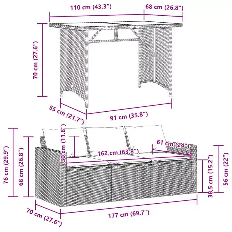 vidaXL Ensemble de salle à manger d'extérieur - 2 pièces, mobilier de jardin en poly rotin gris avec canapé coussiné et table en verre trempé - pour patio, arrière-cour, jardin