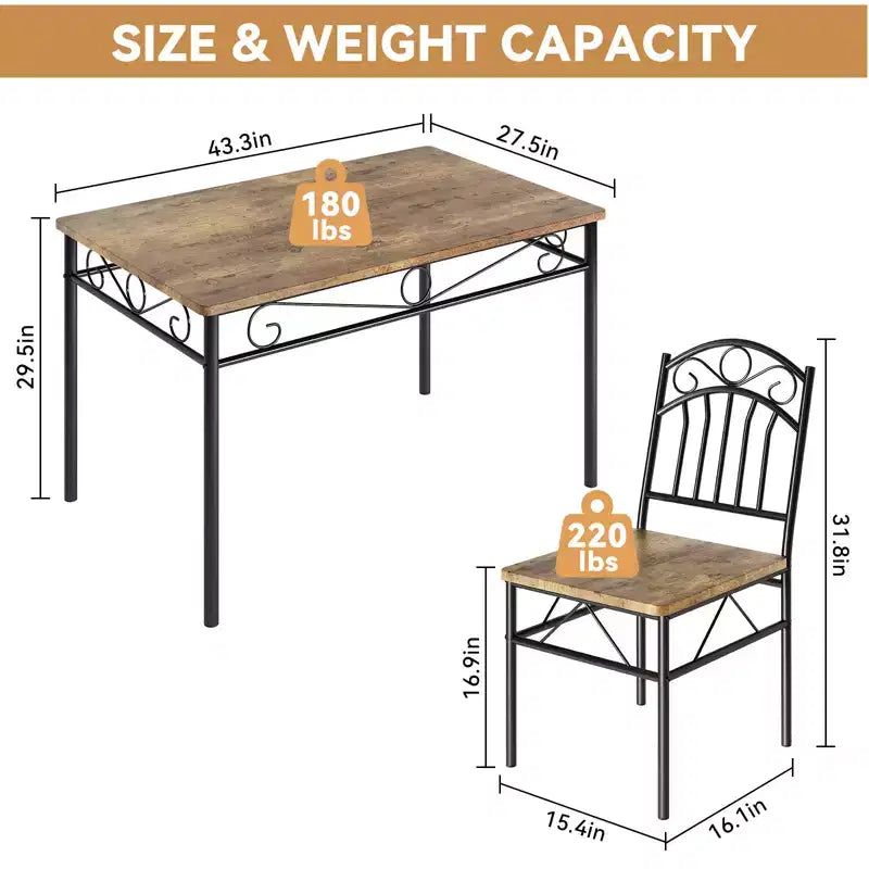 Ensemble table et 4 chaises de salle à manger, Table et chaises de salle à manger style industriel rétro, Ensemble table et chaises en bois pour petits espaces, Coin petit-déjeuner, 1 Table + 4 Chaises (Marron Rustique)