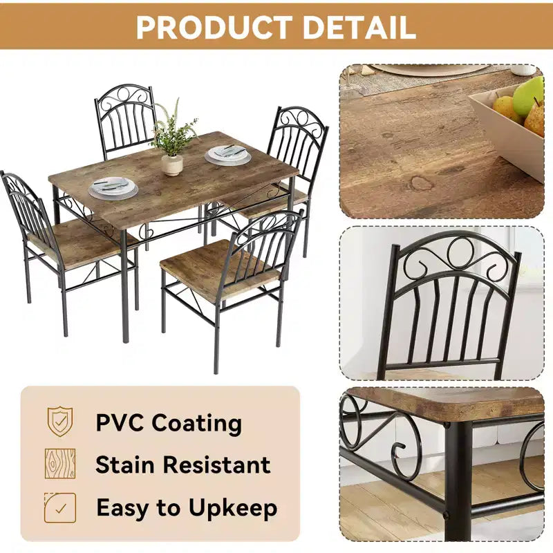 Ensemble table et 4 chaises de salle à manger, Table et chaises de salle à manger style industriel rétro, Ensemble table et chaises en bois pour petits espaces, Coin petit-déjeuner, 1 Table + 4 Chaises (Marron Rustique)