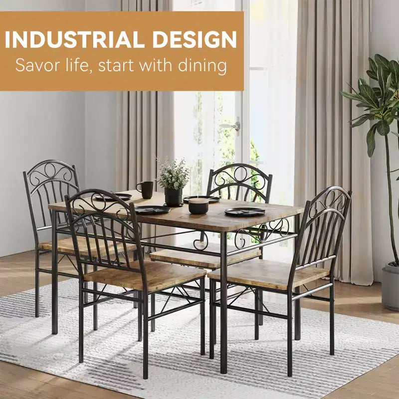 Ensemble table et 4 chaises de salle à manger, Table et chaises de salle à manger style industriel rétro, Ensemble table et chaises en bois pour petits espaces, Coin petit-déjeuner, 1 Table + 4 Chaises (Marron Rustique)