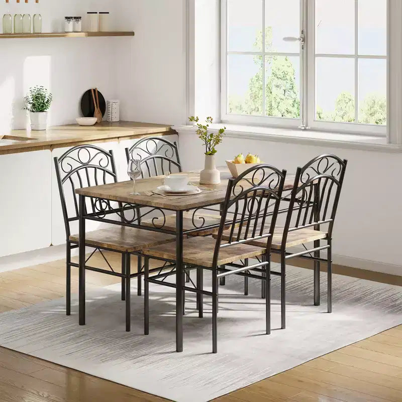 Ensemble table et 4 chaises de salle à manger, Table et chaises de salle à manger style industriel rétro, Ensemble table et chaises en bois pour petits espaces, Coin petit-déjeuner, 1 Table + 4 Chaises (Marron Rustique)