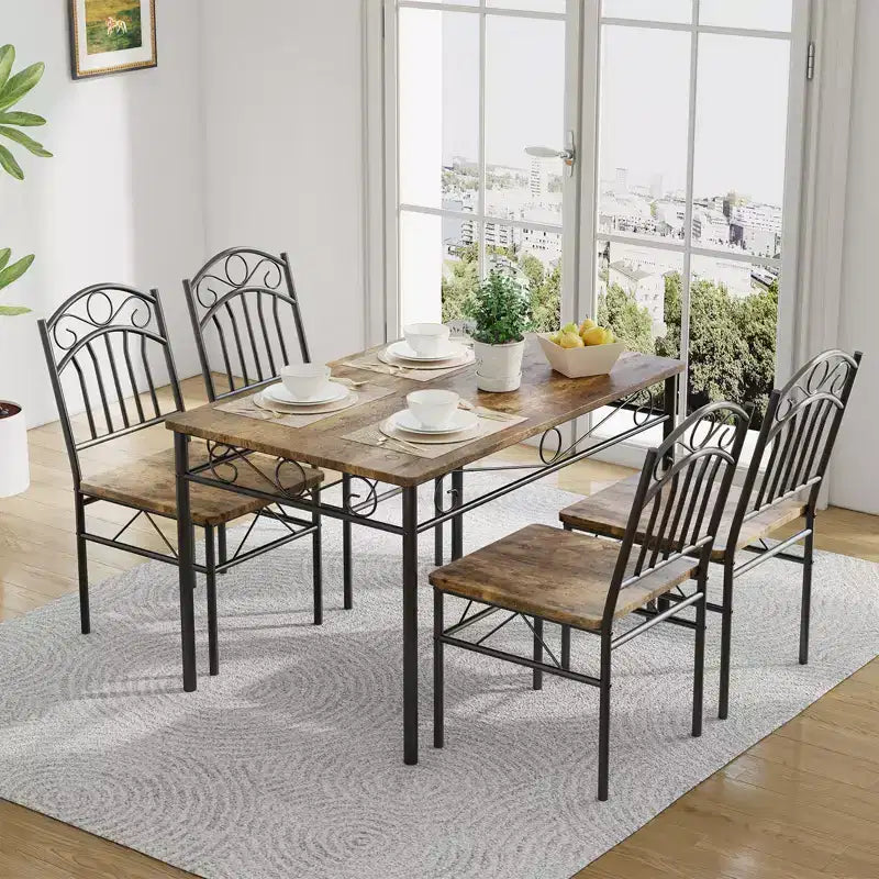Ensemble table et 4 chaises de salle à manger, Table et chaises de salle à manger style industriel rétro, Ensemble table et chaises en bois pour petits espaces, Coin petit-déjeuner, 1 Table + 4 Chaises (Marron Rustique)