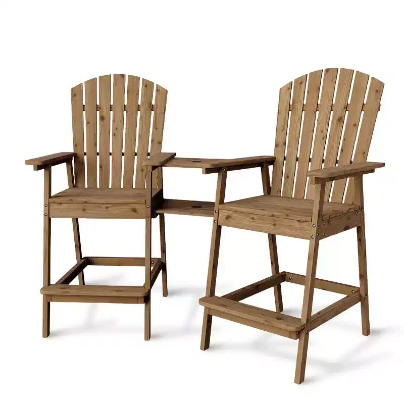 Ensemble de 2 chaises Adirondack avec plateau de connexion, chaises de balcon Adirondack hauteur bar pour terrasse, jardin, chaises Adirondack hautes, bois naturel