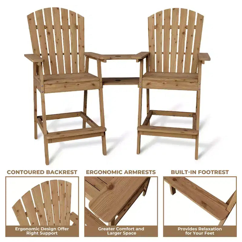 Ensemble de 2 chaises Adirondack avec plateau de connexion, chaises de balcon Adirondack hauteur bar pour terrasse, jardin, chaises Adirondack hautes, bois naturel