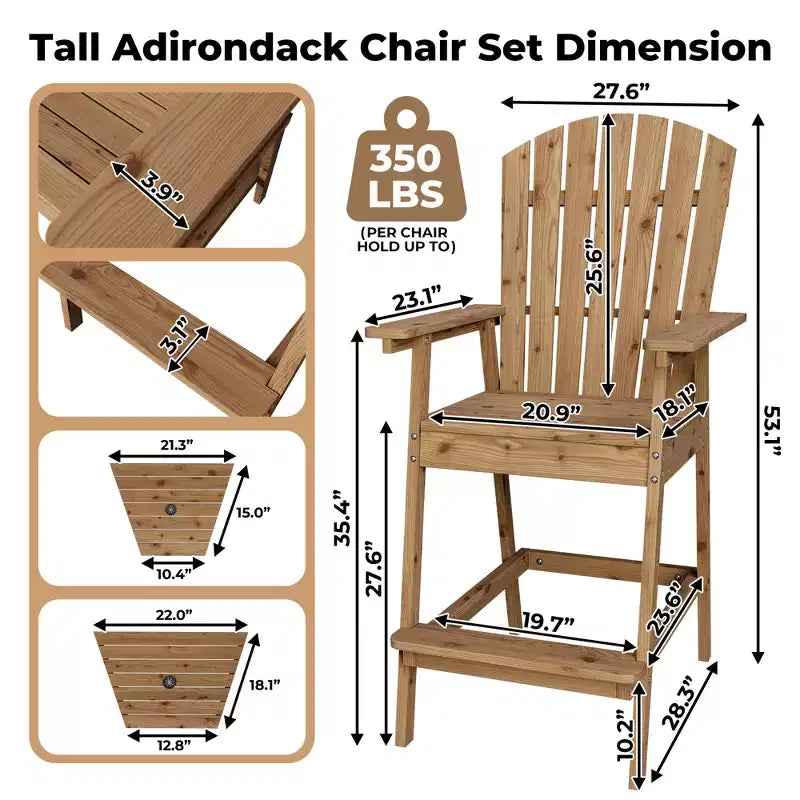 Ensemble de 2 chaises Adirondack avec plateau de connexion, chaises de balcon Adirondack hauteur bar pour terrasse, jardin, chaises Adirondack hautes, bois naturel